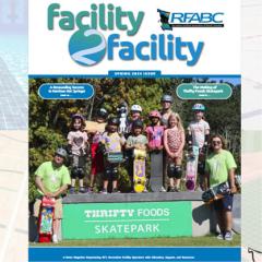 Facility2Facility magazine cover with an image of WSPR camp kids at the Thrifty Foods Skatepark on the cover